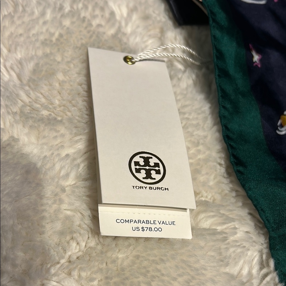 Tory Burch Silk Scarf with Navy and Green Accents - Picture 2 of 6